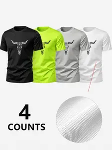 4-Pack Short Sleeve T-Shirts, Outdoor Cycling, Cowboy Ranch, Daily Casual, Western Culture Lovers, Skull Totem Print, Breathable Quick-Dry Mesh Fabric, Unisex