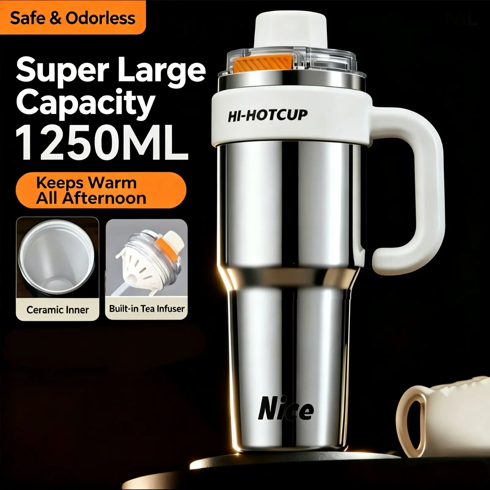Large Capacity Ceramic Coffee Cup, Easy to Clean, No Residue, No Cross-Contamination, One-Touch Lid, Durable Inner Lining
