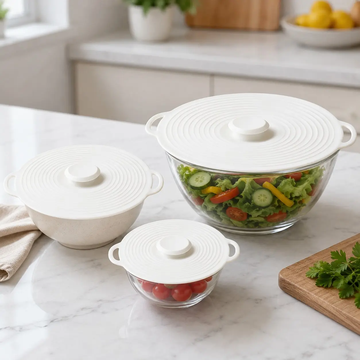 3-Pack Silicone Lids Set with Handle and Suction Seal, Heat Resistant for Microwave and Stove, Reusable and Dishwasher Safe