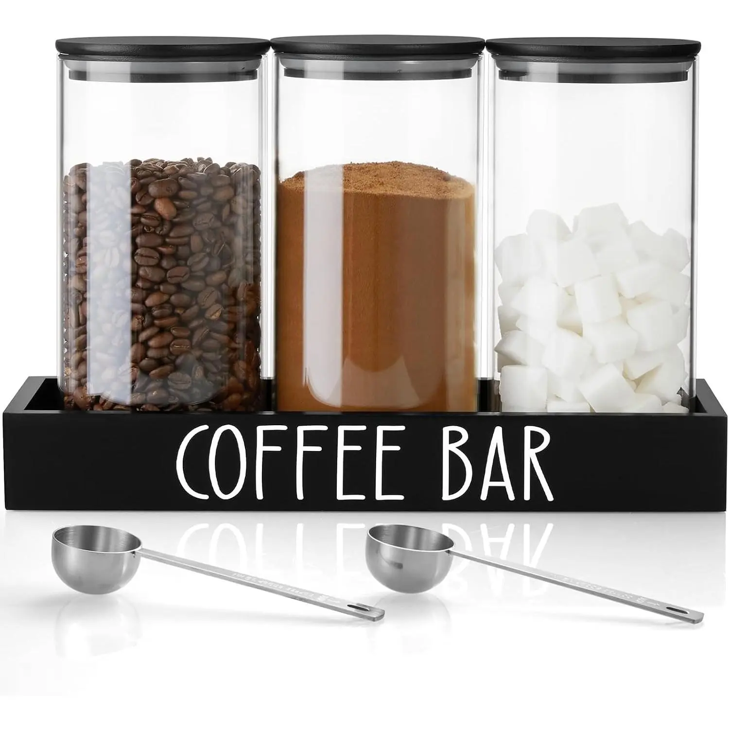 Glass Coffee Canister for Ground Coffee - 3Pcs 45oz Coffee and Sugar Container Set with Airtight Bamboo Lids and Black Tray - Farmhouse Coffee Bean Storage Jars for Coffee Bar Decor and Accessories