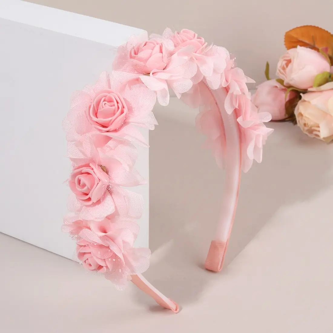 Girls Floral Headband, Cute Korean Style Flower Hair Accessories, Soft Solid Color Artificial Flower Crown, Lightweight Elastic Hair Band for Kids, Toddlers Daily Wear, Party, Photo Props