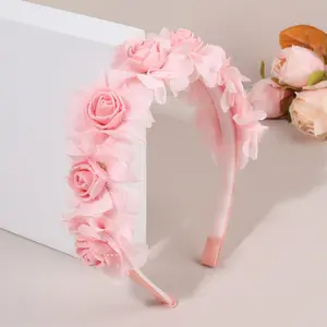 Girls Floral Headband, Cute Korean Style Flower Hair Accessories, Soft Solid Color Artificial Flower Crown, Lightweight Elastic Hair Band for Kids, Toddlers Daily Wear, Party, Photo Props