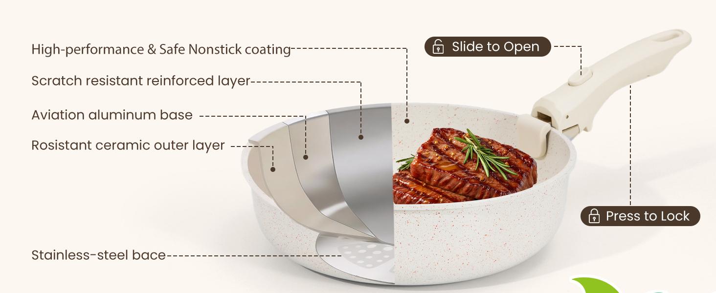 Nonstick Ceramic Cookware Set 20-Piece - Pots and Pans Set with Detachable Handle - RV Stackable Kitchen Cooking Set, Induction/Dishwasher/Oven Safe, with Frying, Cream White