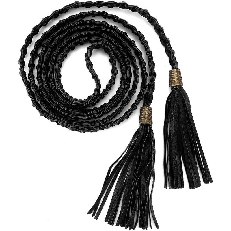 Women's Tassel Braided Rope Belt PU Leather  Belt Thin Woven Boho Waistband For Dress Jeans