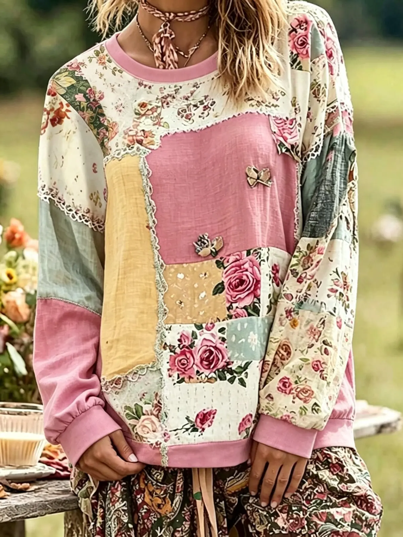 Vintage Boho Rose Print Sweatshirt, Loose-Fit Long Sleeve Top, Casual Animal Pattern, All Seasons, Women's Ethnic Style Clothing, Patchwork