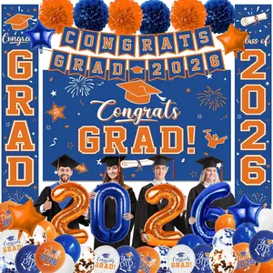 Orange and Blue Graduation Decorations 2026, Class of 2026 Graduation Decorations with Congrats Grad Backdrop,Photo Banner,Porch Sign,Balloons,Foil Number 2026 for College graduation