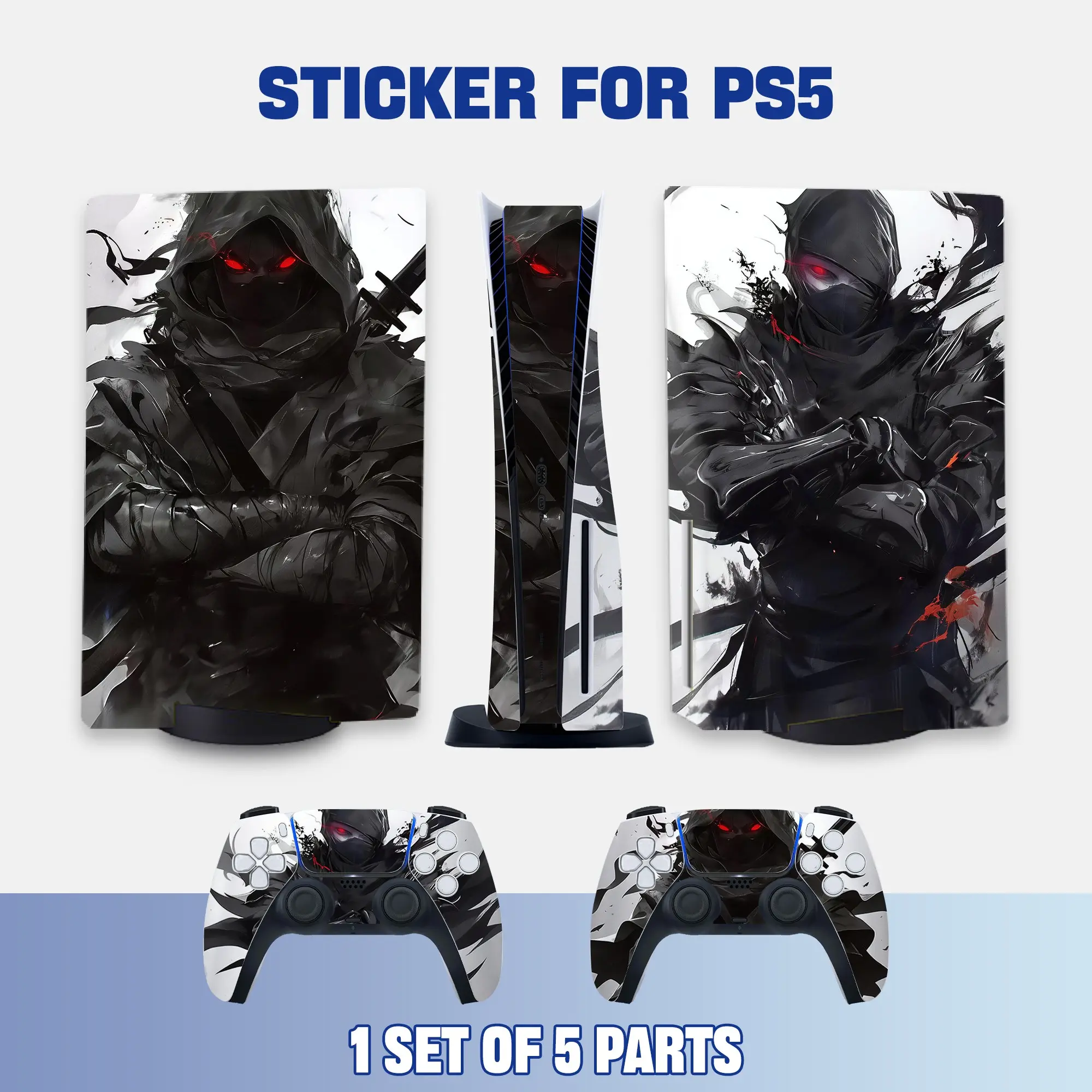 Ps5 Console and Controller Stickers, Ink Wash Dark Masked Ninja Eye Art Vinyl Protective Film, Waterproof, Scratch-Resistant, Removable Without Residue