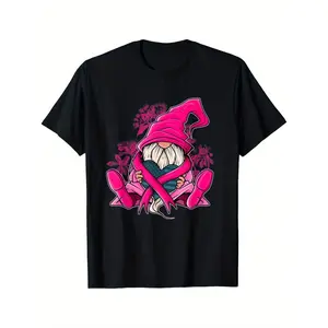 Breast Cancer Awareness Charity Graphic T Shirt Seated Cute Whimsical Cartoon Gnome Fully Dressed Matching Hot Pink Twisted Tall Hat Robe Slip On Shoes Wide Breast Cancer Support Pink Awareness Ribbon Wrapped Around Torso Holding Vintage American Flag Pat