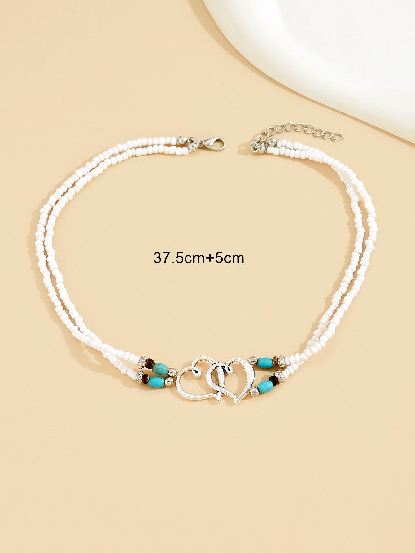 Beach Vacation Boho Jewelry Set Double Layer Seed Bead Anklet Dual Heart Beaded Necklace Turquoise Bracelet Body Chain Bohemian Style for Women Trendy Summer Stackable Versatile Daily Party Holiday Outfits