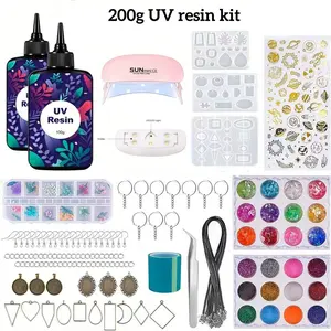 200g UV Resin Kit, Includes Mini UV Lamp, Silicone Mold, Glitter, Dried Flowers, Keychain Accessories, Tools, Complete Starter Set for DIY Epoxy Jewelry Resin Art and Home Decor, Low Odor, Fast Curing Hard Type UV Glue for Craft Beginner and Professionals