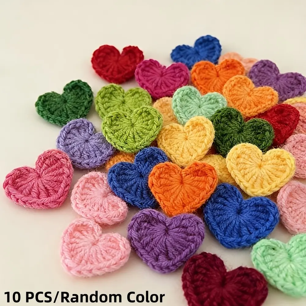 10Pcs Hand Crochet Handcrafted Heart Fabric Patches, Mixed Color Cotton Yarn Appliques, Soft Texture, DIY Craft Supplies for Clothing, Bags, Pendant Decor, Romantic Valentine Gifts, DIY Projects