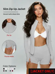 Women's Plain Zipper Jacket, Long Sleeve V-Neck Thumbhole Design, Spring & Fall Outdoor Sportswear, Indoor Pilates Yoga Top