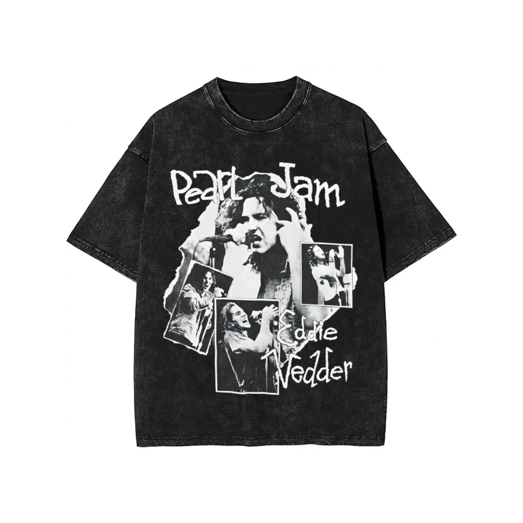 Vintage Distressed Washed T-Shirt Men Pearl Jam Eddie Vedder Four Live Concert Black White Photo Collage Grunge Rock Band Graphic Oversized Crew Neck Tee For 90s Rock Music Fans Daily Street Outfits