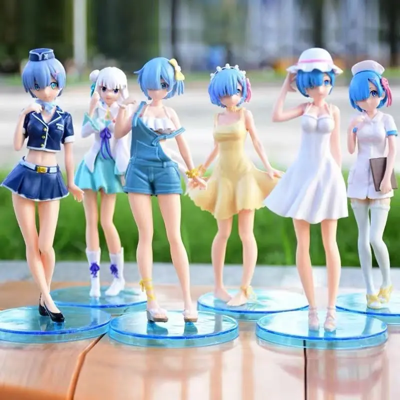 Re:Zero Rem&Emilia 6 Styles Casual Outfit Complete Set Figure, 17cm Anime Collectible Figures, Desktop Decor, Nurse Flight Attendant Cowboy Home Dress