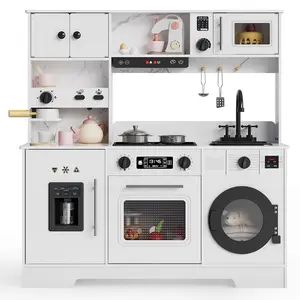 Wooden Play Kitchen for Kids – 8-in-1 Realistic Pretend Play Kitchen for Toddlers 3+, Interactive Toy Kitchen with Lights & Sounds, Cooking Role Play Gift for Little Chefs