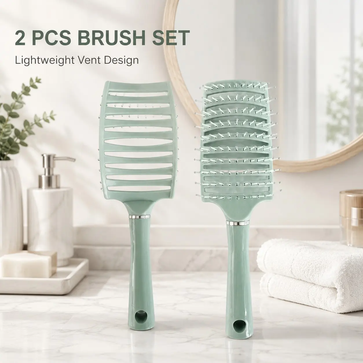 2 Pack Vent Hairbrush Set, Curved Vented Detangling Brush for Wet & Dry Hair, Lightweight Paddle Brush for Blow Drying, Blowdry Hair Brush