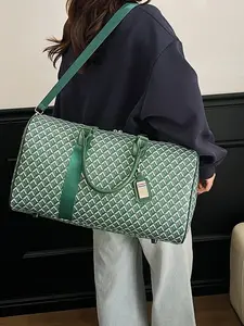 Vintage Geometric Jacquard Large Capacity Cylindrical Travel Bag, Leather Patch Handbag with Detachable Shoulder Strap, Lightweight Luxury Fitness Bag