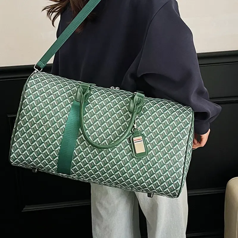 Christmas Travel Essential, Vintage Green Geometric Jacquard Large Capacity Duffel Bag, Colorblock Leather Handle, Detachable Shoulder Strap, Travel Duffle Bag