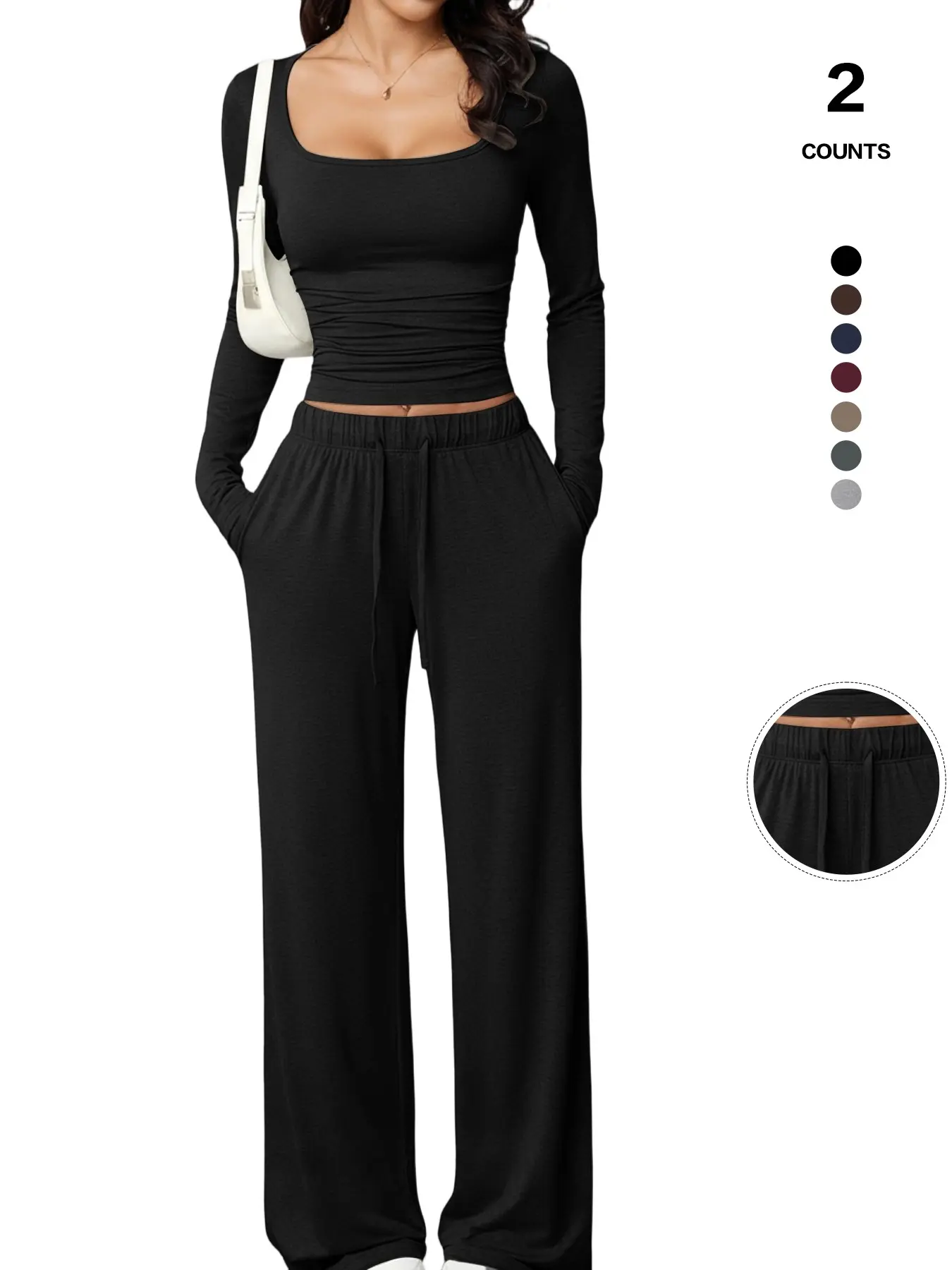 Summer Fashion Basic Long Sleeve Square Neck Crop Top & Wide Leg Pants Set Chic Clothes Women | High-Waist Ruched Waist Urban Loungewear for Home & Streetwear