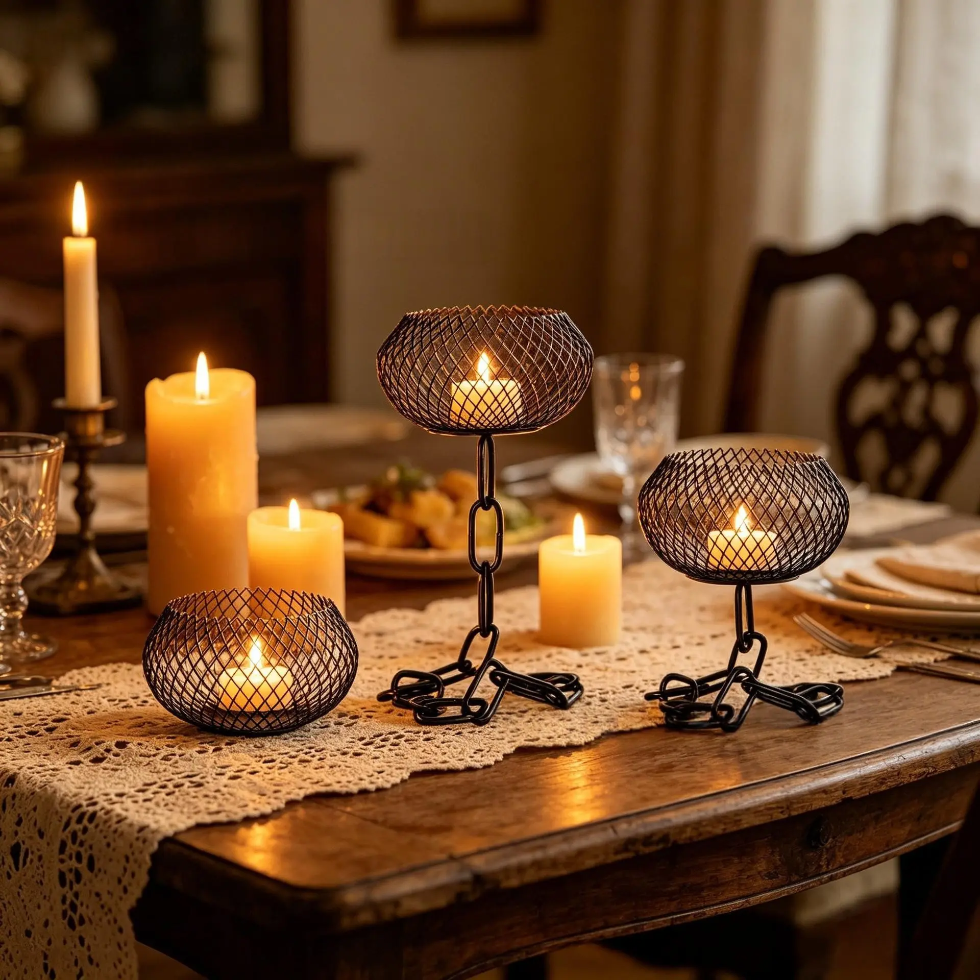 3-Piece Zen Hanging Iron Candle Tray Set, Chain Mesh Design, Creative Minimalist Style, Ideal for Tea Room, Study, Entryway Decor