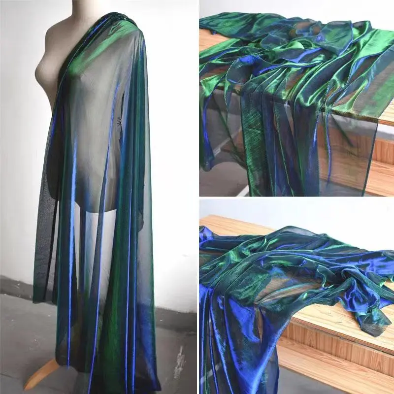 1PC Iridescent Chameleon Mesh Fabric, Peacock Green Blue Color Shift Shimmer Sheer Organza Tulle, DIY Sewing Material for Prom Dress, Costume, Photo Backdrop