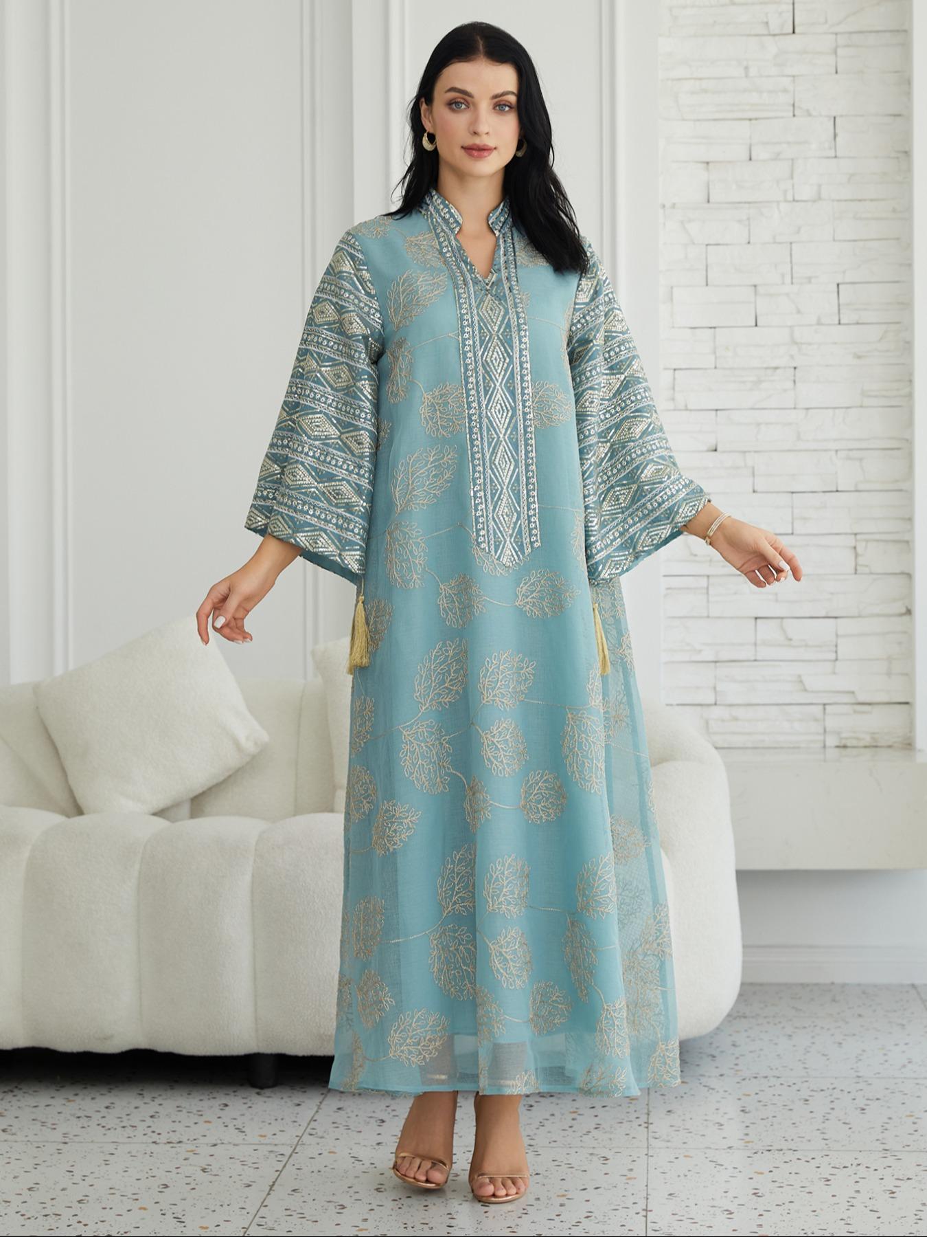 Women's Embroidery Long Sleeve Woven Dress,Elegant Fringe Trim Arabic Clothing for Party Evening Formal Occasions,Ladies Clothes for All Seasons