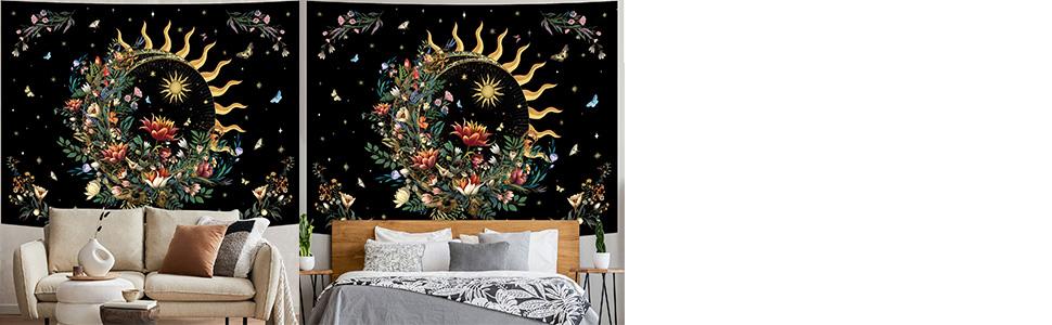 Floral Plants Tapestry Sun and Moon Tapestry Retro Botanical Flowers Butterfly Tapestry Black Starry Sky Wall Tapestry Vintage Boho Aesthetic Tapestry Wall Hanging for Bedroom