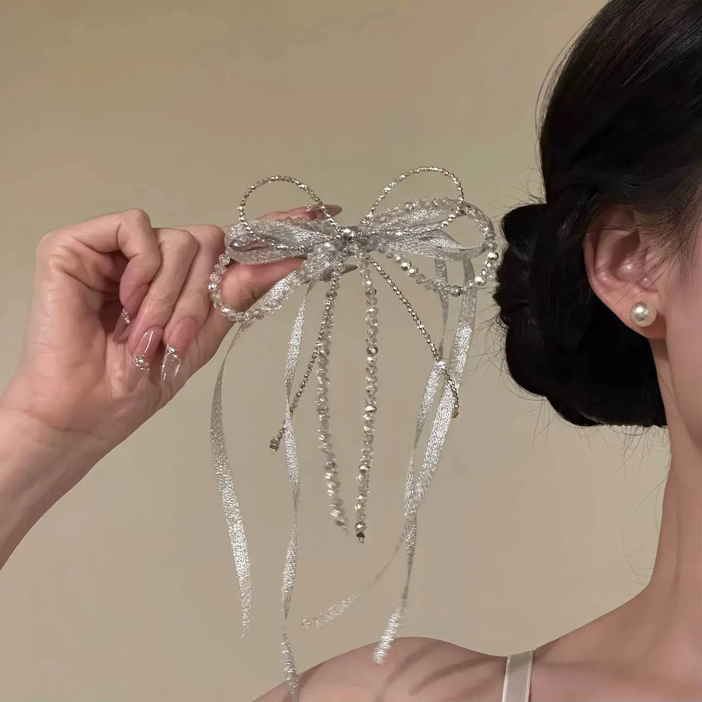 Unisex Silver Glitter Bow Hair Clip - Elegant Crystal Tassel Ribbon Hair Accessory with Rhinestones, Sparkling Effect, Sweet Look for Bridal Weddings