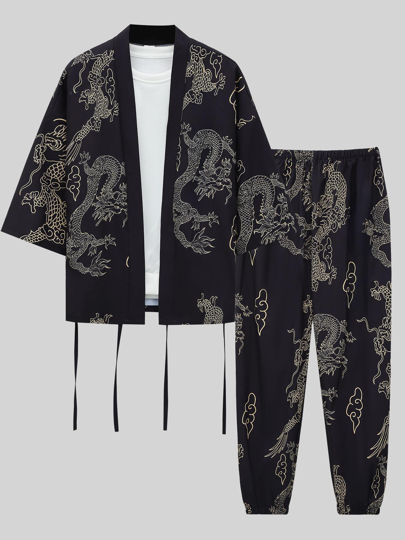 Men's Loong Print Lounge Set, Casual Comfy  Long Sleeve Top & Pants Loungewear Set, Men Sleepwear Pajama for All Seasons