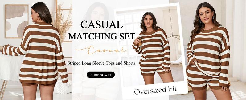 【XL-5XL】Imily Bela Curve Womens Plus Size Lounge Sets Striped Knit 2 Piece Sweater Set Long Sleeve Tops and Shorts Oversized Outfits