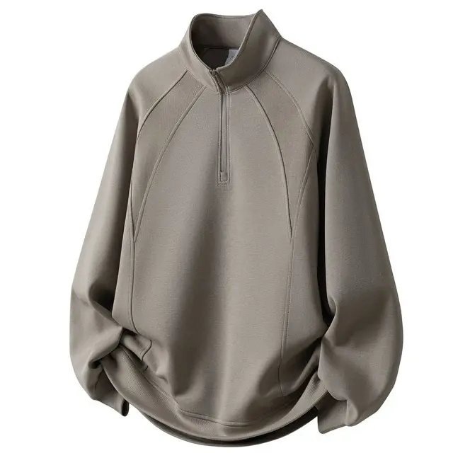 Men's Half-Zip Pullover, Plain Cotton Blend Top with Stand-Up Collar, Business Casual Menswear for Work & Commuting, Long Sleeve, Stylish, Preppy