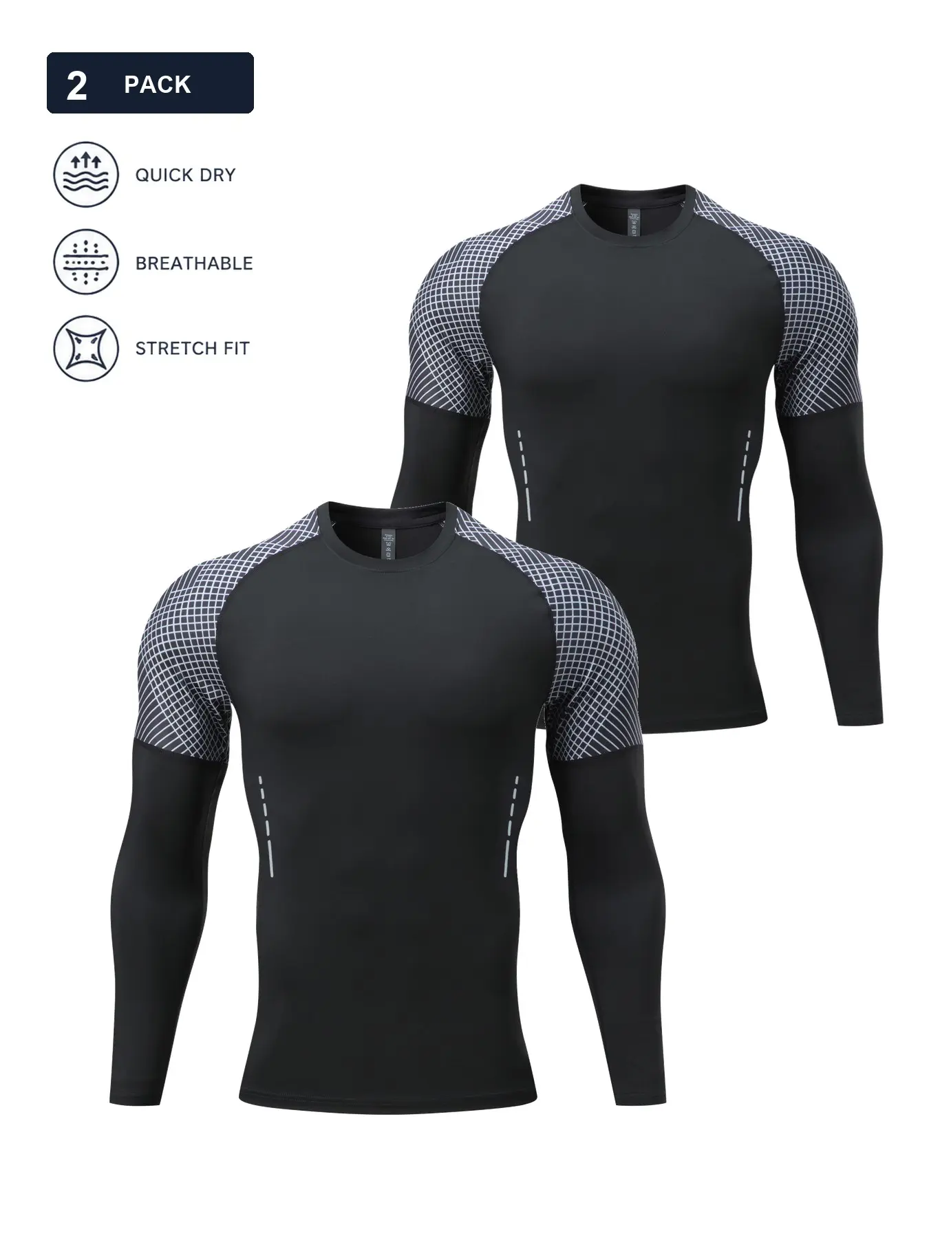 2-Pack Men's Long Sleeve Compression Shirts, Quick-Dry Breathable Moisture-Wicking Stretch Athletic Base Layer Tops with Grid-Print Raglan Sleeves for Gym, Running, Football and Training, Black, Compression Activewear