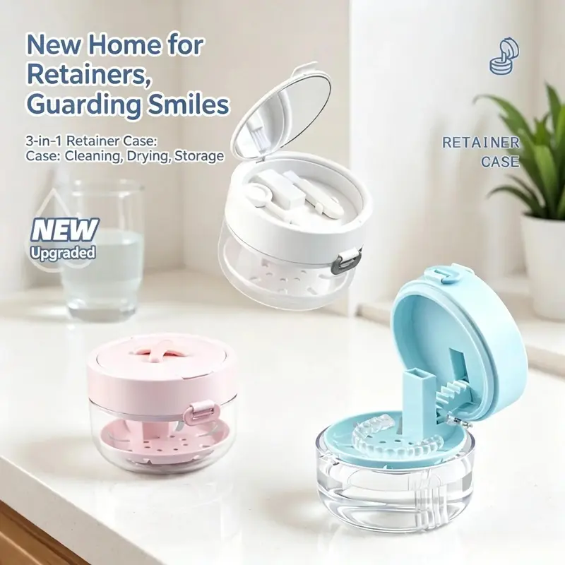 Retainer Cleaning Case, Dental Soaking Container with Drain Tray for Retainers, Aligners & Dentures, Travel Cleaning Box with Mirror and Brush