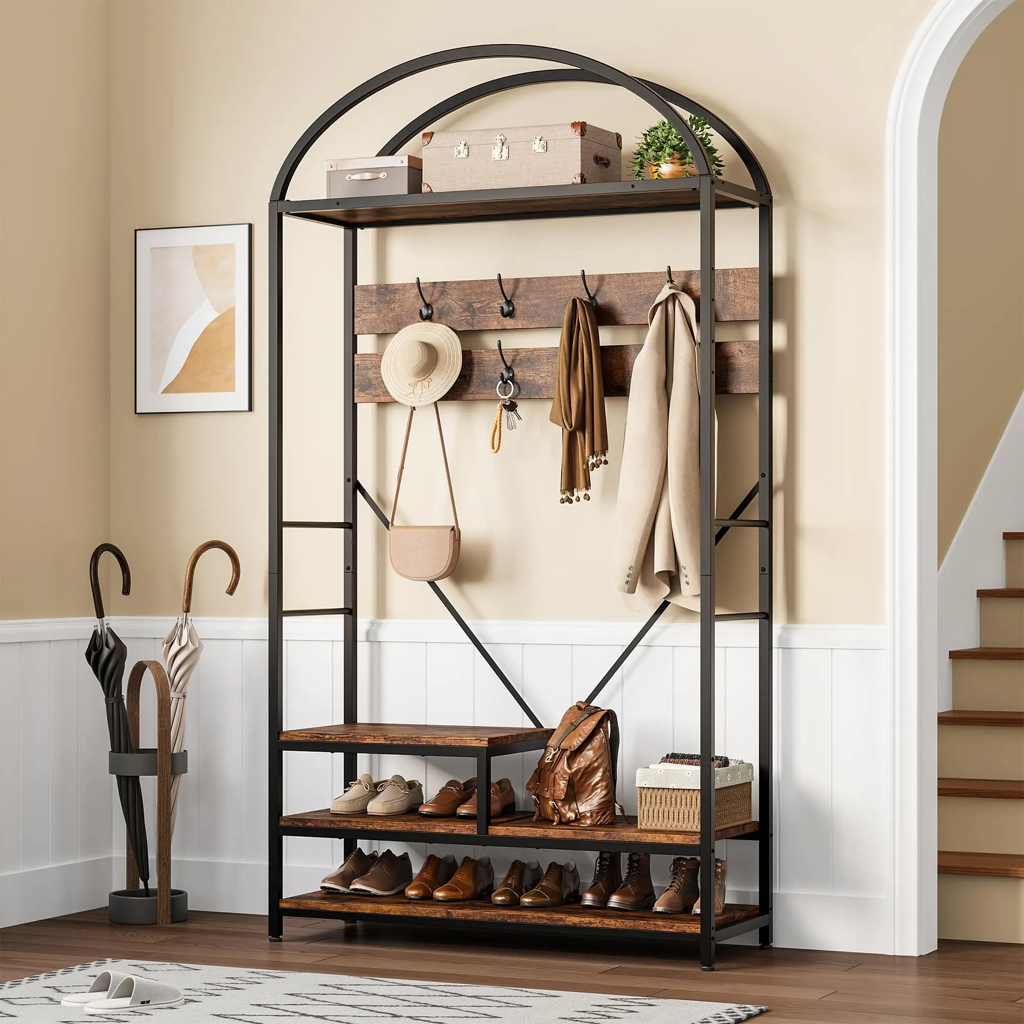 Vintage Heavy-Duty Iron Arch Hall Tree - Traditional, Stable, Space-Saving Indoor Furniture with Decorative Mark-Resistant Metal Frame - Versatile Entryway, Dining Room Organizer