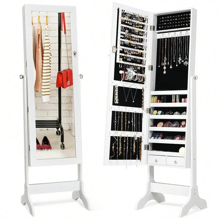 4-Position Tilting Mirror Jewelry Organizer Vanity Box - Lockable Wooden Unit with Drawer, Full-Length Mirror, Black/White, Dormitory Storage, Farmhouse Decor, Bathroom Cabinet