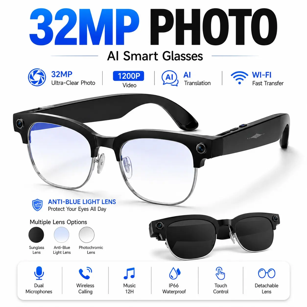 Outdoor Recording Glasses Weather resistant lightweight smart eyewear with steady stabilized video capture, dual AI instant real-time translation assistant, dual mic noise cancelling open ear audio, long multi-day standby power, safe magnetic charging wit