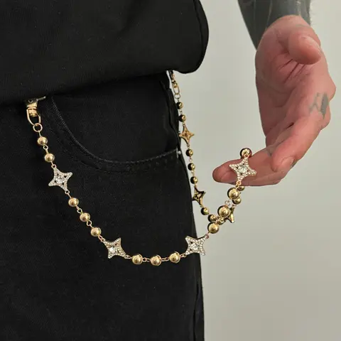 Y2K Rhinestone Star Gold Bead Decorative Pants Chain, Men's Streetwear Fashion Accessory, All-Season Patchwork Style, Waist Chain Accessory