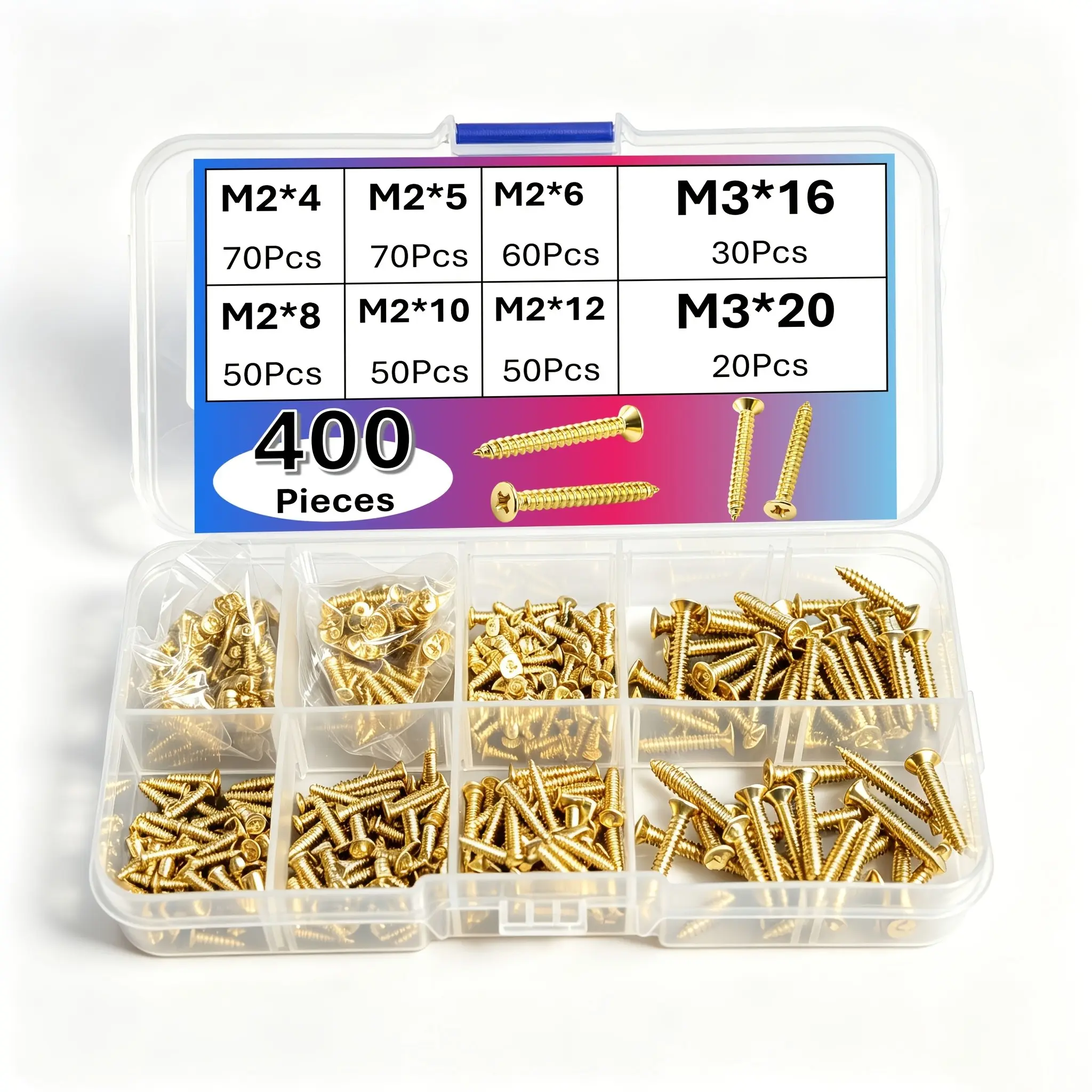 400pcs Colorful M2/M3 Micro Flat Head Self-Tapping Wood Screws Assortment Kit | Countersunk Cross Design for Furniture, Musical Instruments, Vintage Storage Boxes & Picture Frames