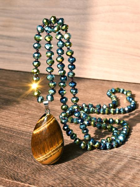 Vintage Tiger Eye Teardrop Natural Stone Pendant Long Necklace, Handmade Knotted Crystal Beaded Chain, Sparkling Luxury Gift for Special Occasions, Boho Chic Crystal