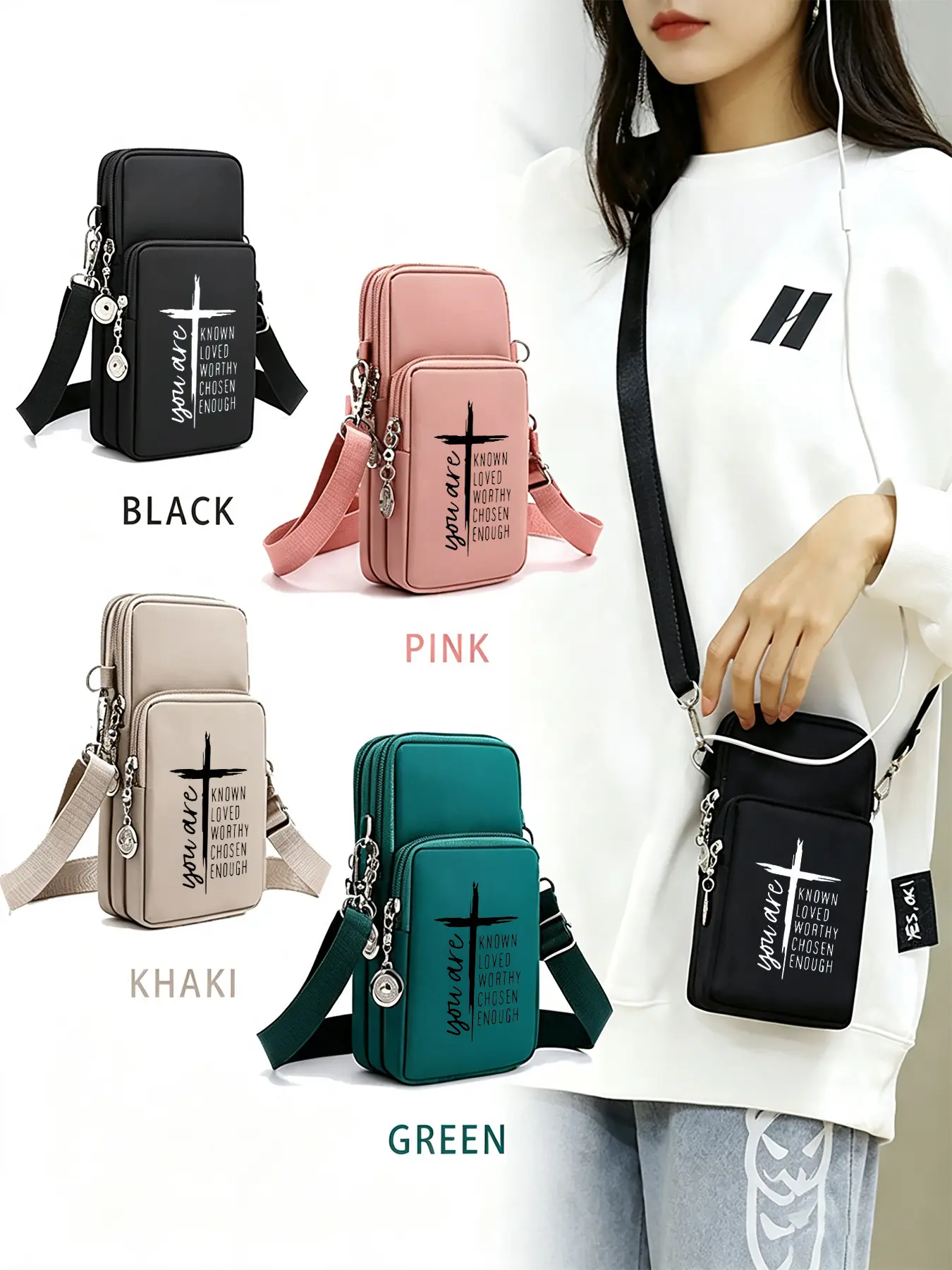 Faith Cross Print Women's Crossbody Bag, Multi-pocket Shoulder Bag and Phone Holder, Features An Adjustable Shoulder Strap, Coin Pocket and Earphone Jack | Suitable for Daily Commutes and Casual Outings