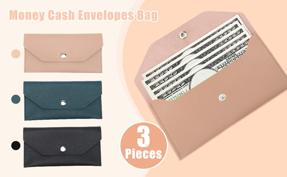 PU Leather Cash Envelope Bag - 3 Reusable Budget Envelopes for Spring Festival, Wedding, Birthday, Graduation & Holidays (Black, Pink, Dark Blue)