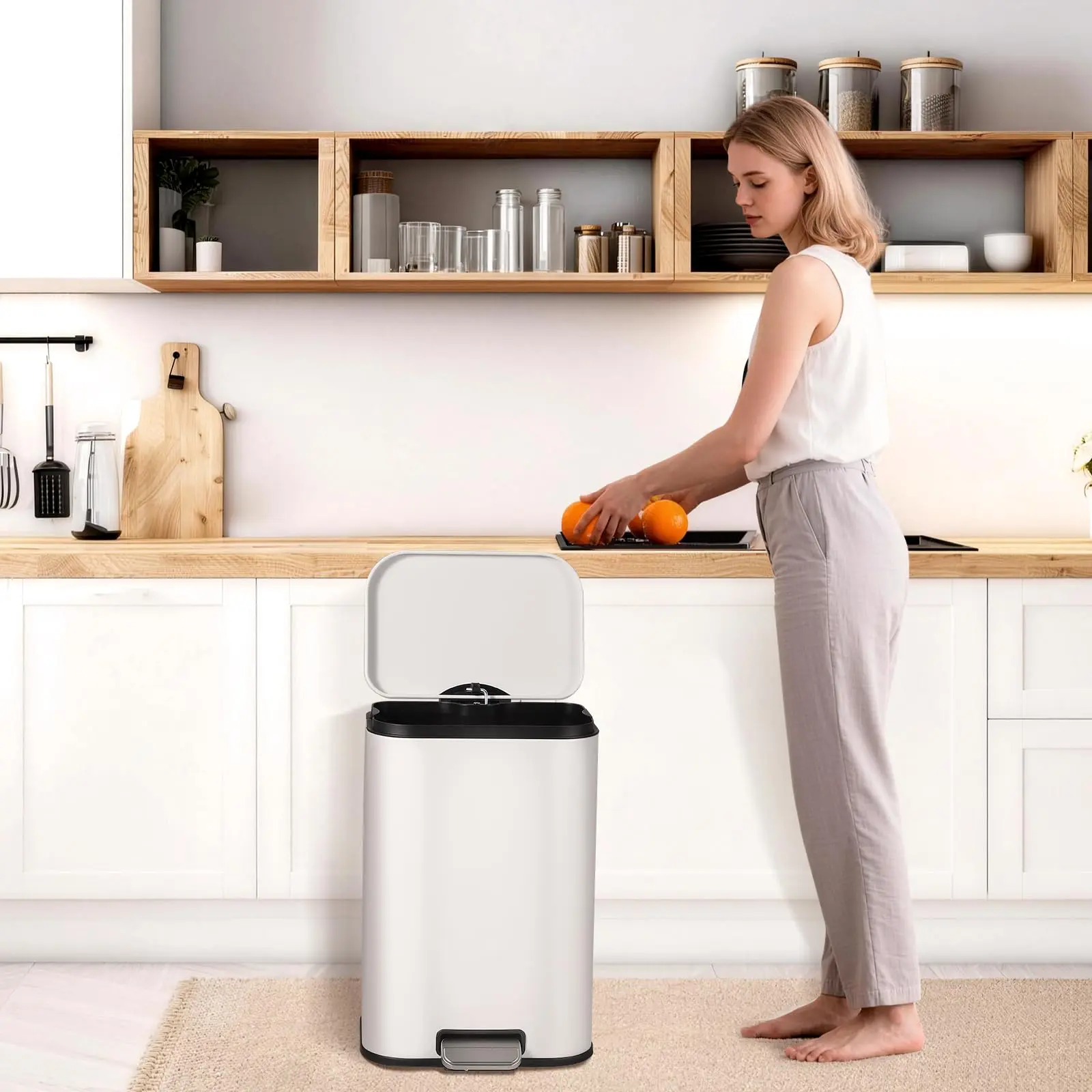 GARVEE White Rectangular Stainless Steel Kitchen Garbage Can, 3.2 Gal (12L) Bin with Soft-Close Lid, Fingerprint-Proof, Space-Saving, Removable Handle Bucket Waste & Recycling for Kitchen - 26.5×22.3×38.8cm, 64/Board