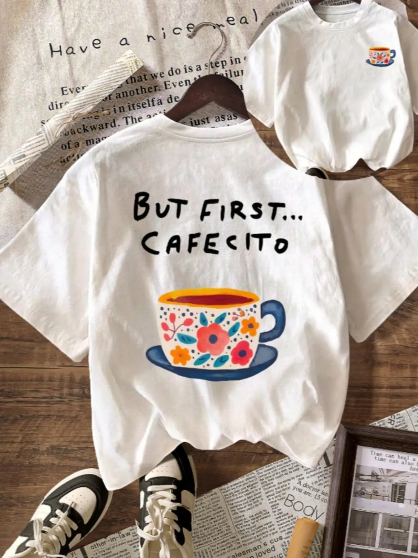Soft Breathable Retro Cute But First Cafecito Letter Floral Coffee Cup Double Sided Print Women Trendy Aesthetic Brunch Coffee Shop Lounge Daily Casual Short Sleeve Graphic T-Shirt Perfect For Coffee Lovers Weekend Hangout Vacation Everyday Wear