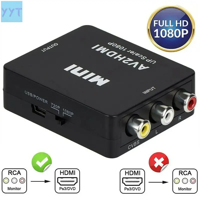 YYT1 AV to HDMI Converter, RCA to HDMI Converter, RCA AV to HDMI HD Converter, 1080P Mini RCA Composite Video Converter Supports/NTSC Compatible with Wii Wii Wii Wii/PC//Xbox /PS4, Compact
