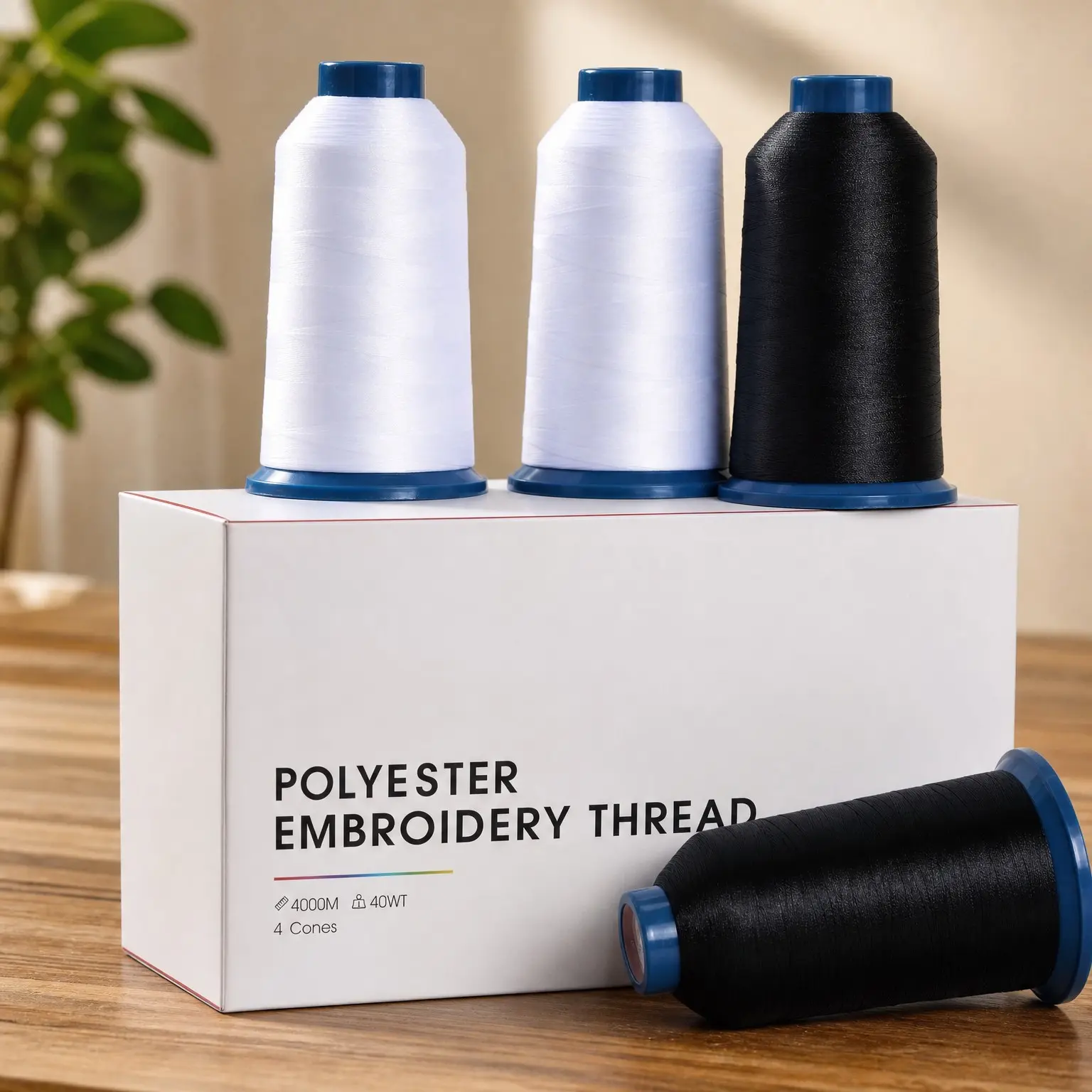 Black and White Embroidery Thread Set – 4 Rolls of 40WT Polyester Thread, 4000M for Home & Commercial Embroidery Machines – 2 Black, 2 WhiteGift