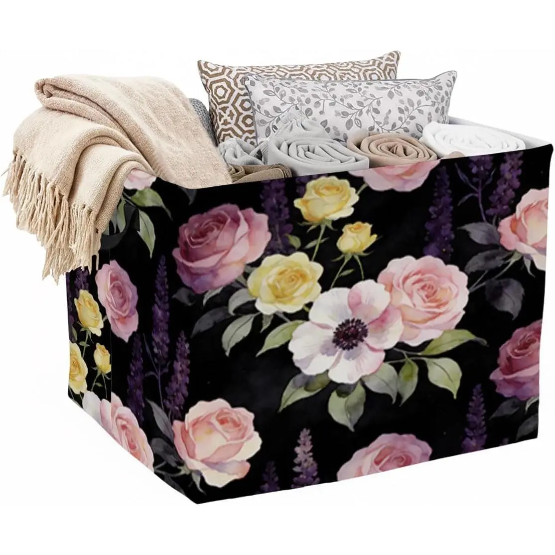 56L Pink Floral Foldable Square Laundry Hamper with Handles – Large Clothes, Blanket & Toy Storage Basket for Home Organization.