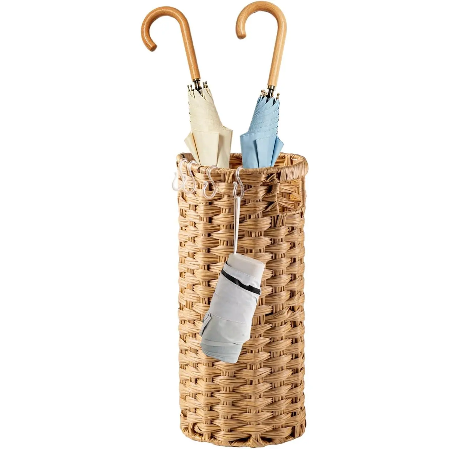 Rattan Umbrella Stand for Entryway,Hand-Woven Umbrella Holder Indoor with Doormat, Removable Drip Tray & 4 Hooks,Waterproof Umbrella Storage Basket