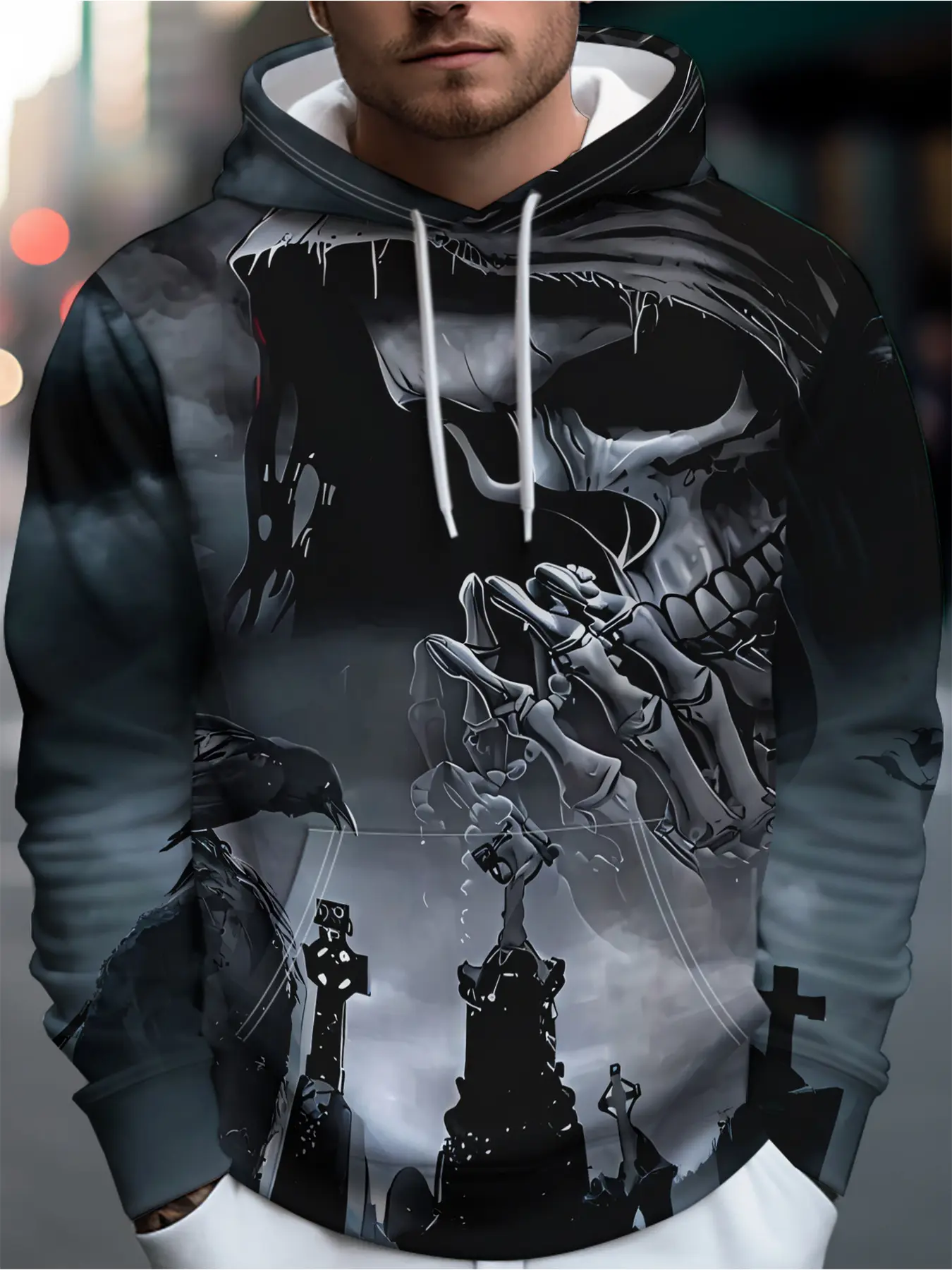 Fashion Hooded Sweatshirt, Casual Sports Hoodie Dark Night Cemetery Death Reaper Appears Skeleton Black Robe Crow Cries Blood Cold Zone Front Pocket - Elastic Blend, Suitable For Spring And Autumn, Casual Sportswear