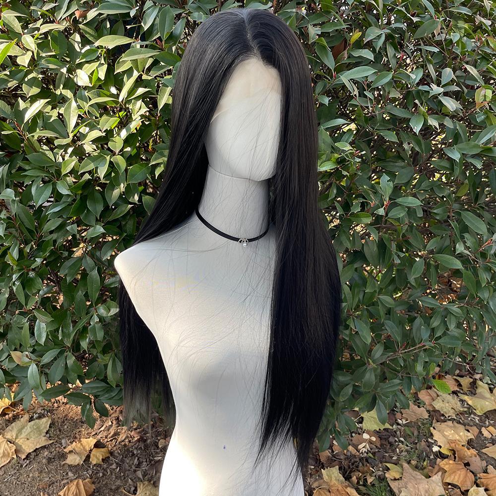 Jet Black 13x4 Synthetic Lace Front Wigs for Women Heat Resistant Hair Glueless Wig 26 Inch Long Silky Straight Wig 150% Density