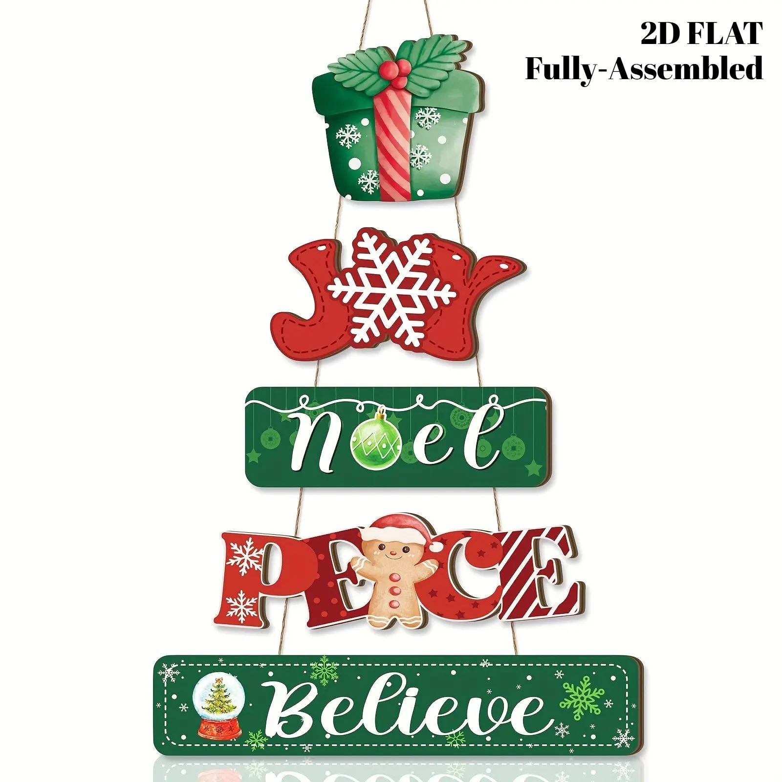 Wooden Wall Art Decor Set - 2D Flat Printed Ornaments for Christmas - Includes Joyful Christmas Signs, Peace and Joy Door Hangers, Faith and Blessing Wall Decor & Cute Gingerbread Man Door Ornaments - Perfect for Porch and Yard Decoration